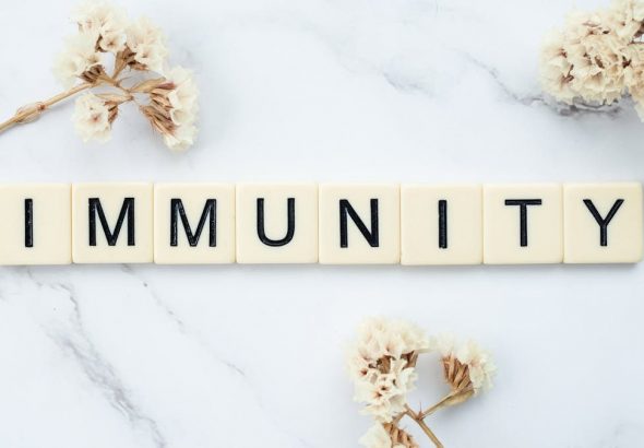 Elegantly arranged scrabble tiles spelling 'immunity' on a marble background with white flowers.