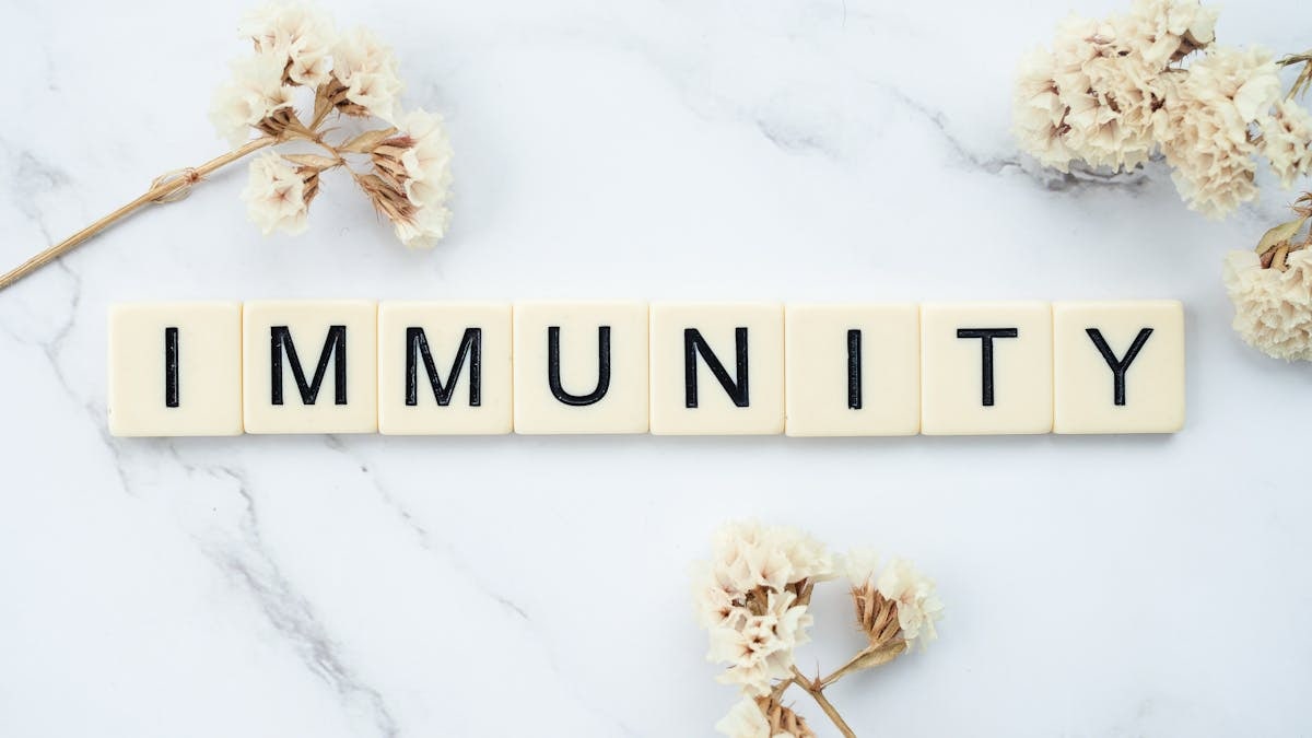 Elegantly arranged scrabble tiles spelling 'immunity' on a marble background with white flowers.